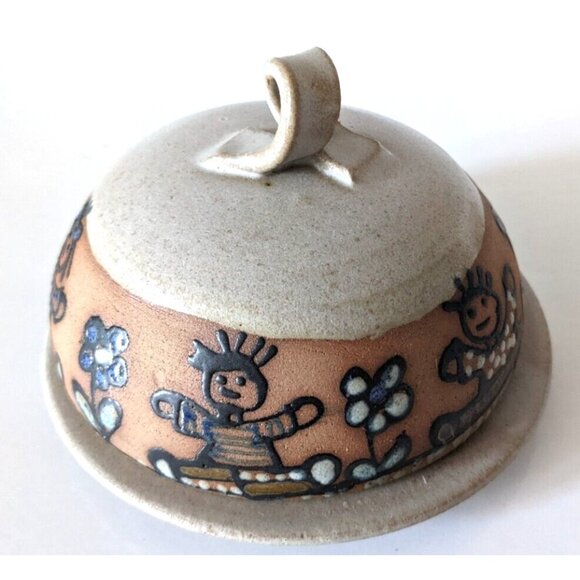 Handmade Carlota Cheese Butter Dish Tumbler Set Stoneware Studio Signed VTG Flaw - Picture 2 of 12